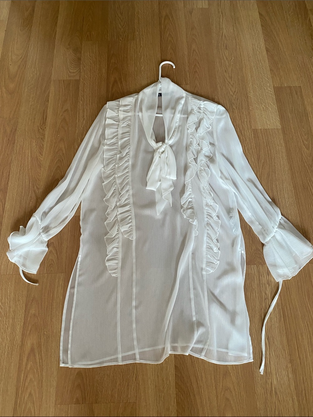 Zara White Ruffle Tie-Neck Tunic Blouse, XS